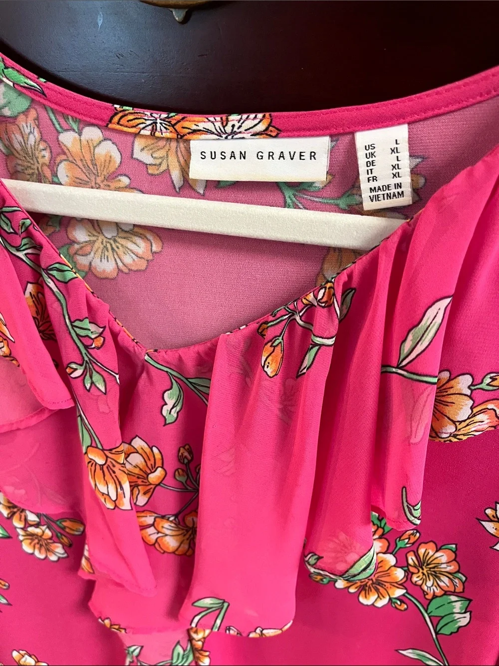 Susan Graver Hot Pink Floral Ruffle Front Short Sleeve Blouse - Picture 2 of 5